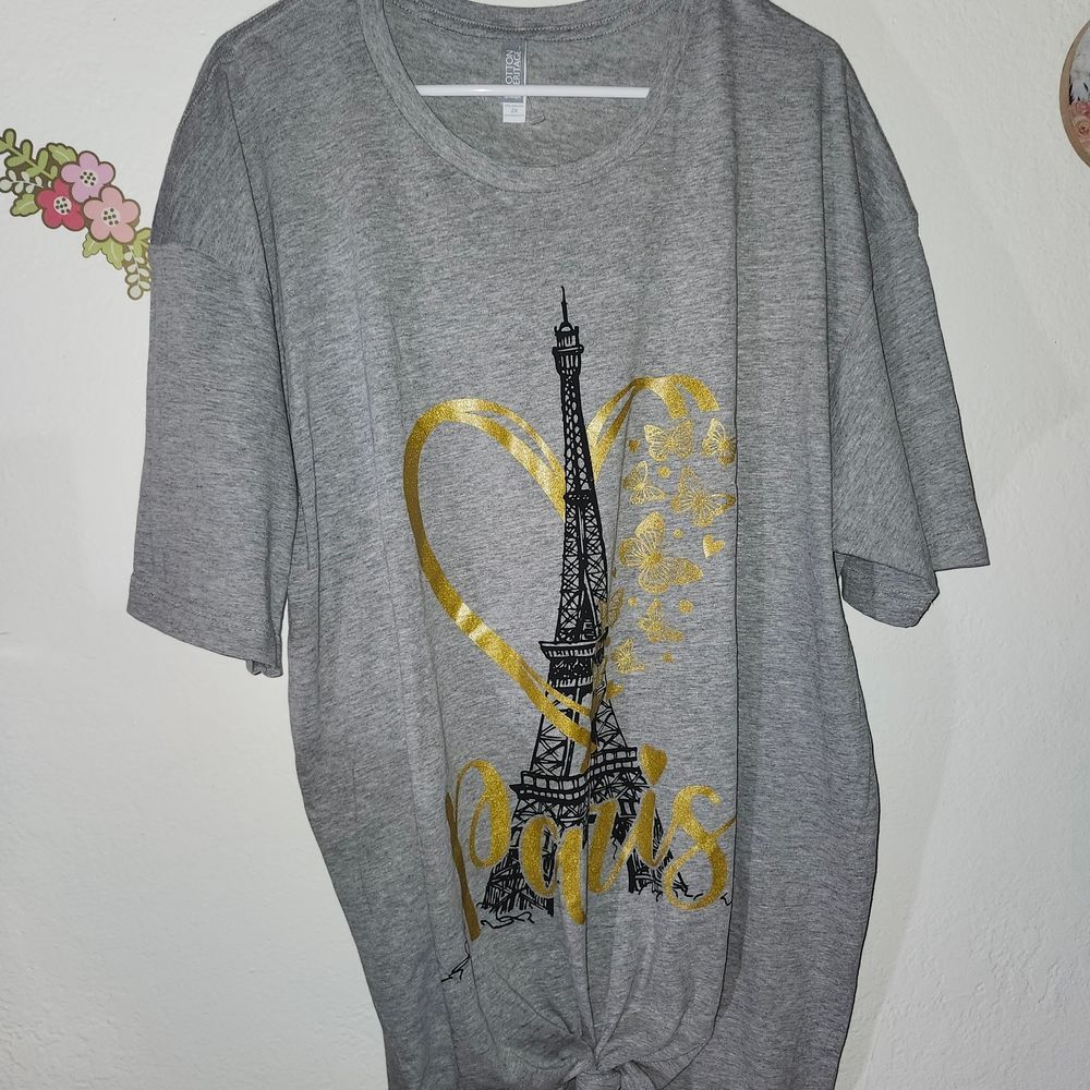 Gray Tee with Gold Eiffel Tower Design
